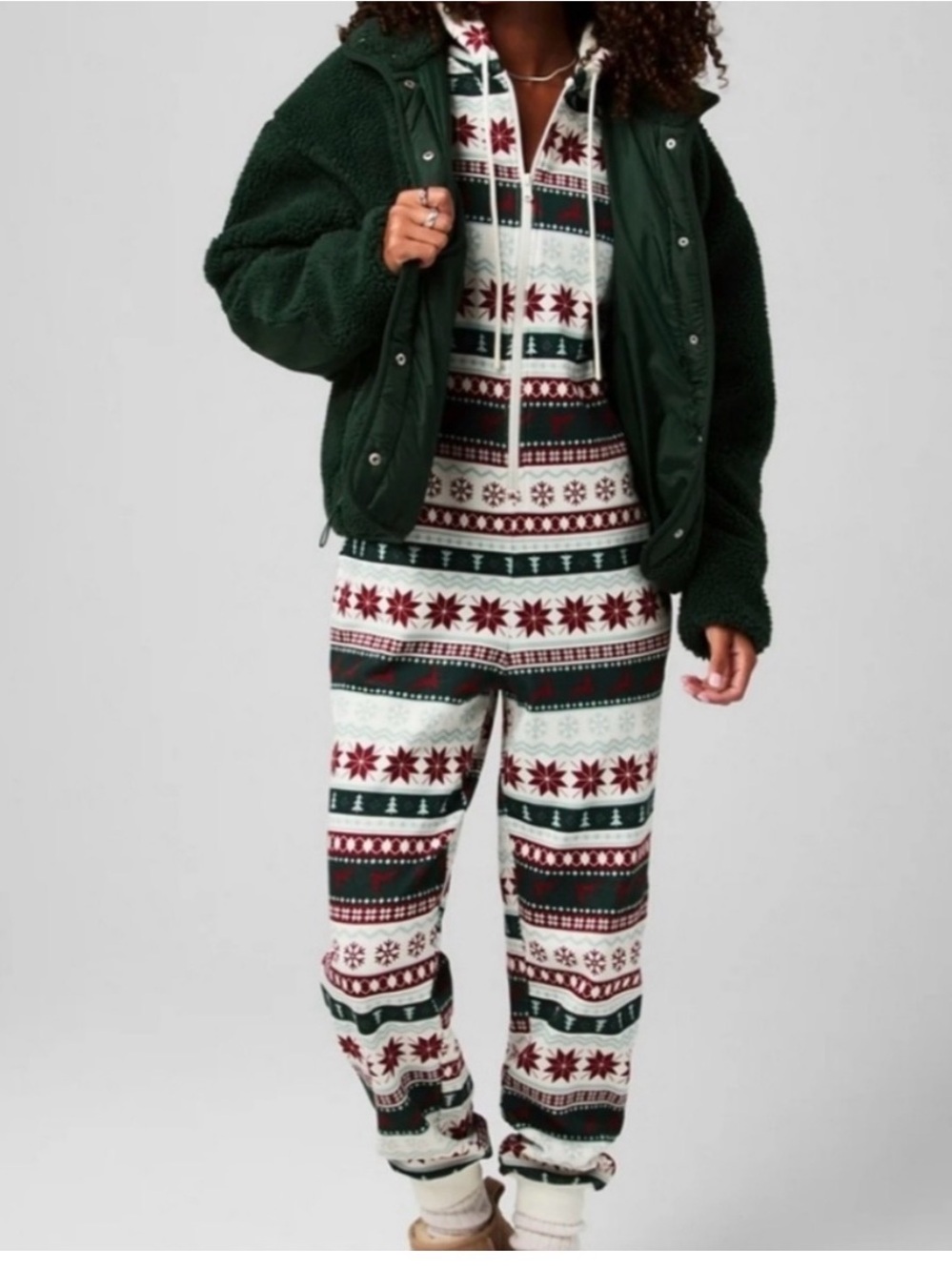 NWT Fabletics Holiday Fairisle Cozy Fleece Christmas Hooded One Piece Pajamas